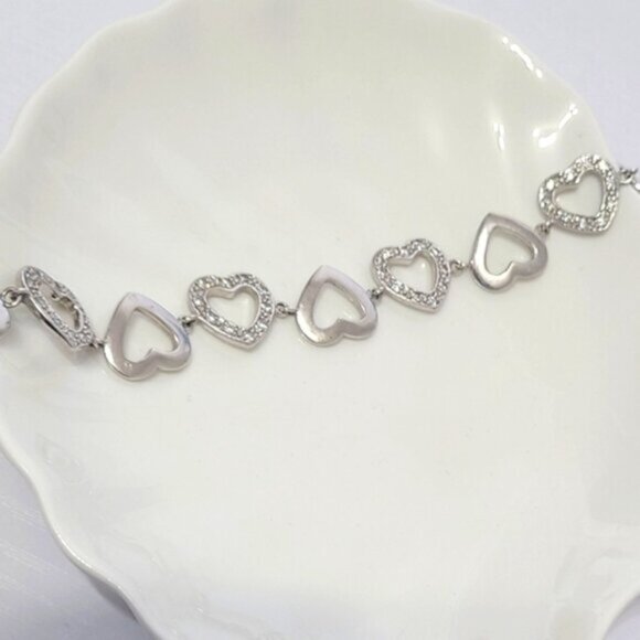 Vintage Sterling Silver Chain Link Crystal Rhinestone Heart Bracelet - Picture 10 of 12